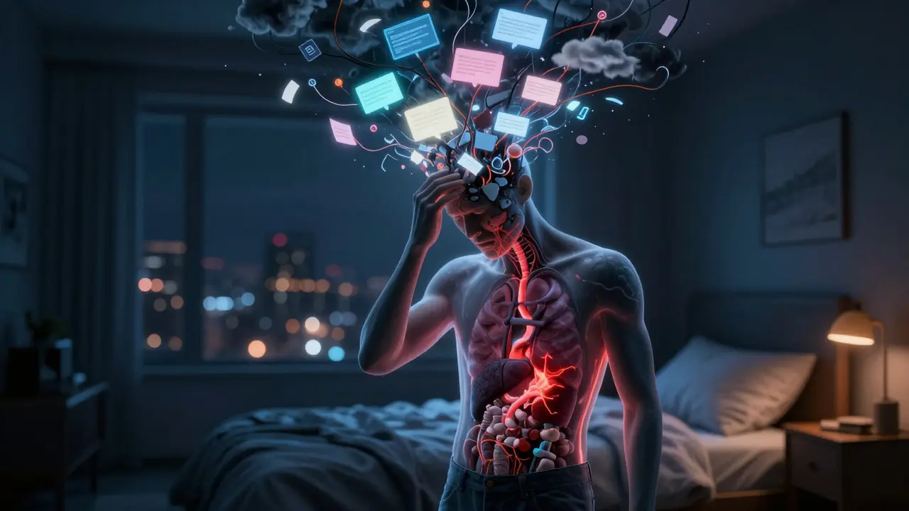 Surrealistické zobrazení stresu a nespavosti s digitálním chaosem kolem hlavy.