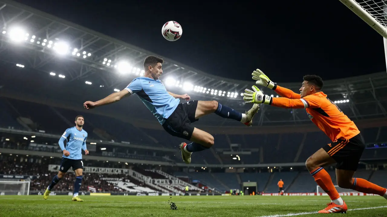 Fotbalista provádí panenkovský penaltový kop nad brankářem