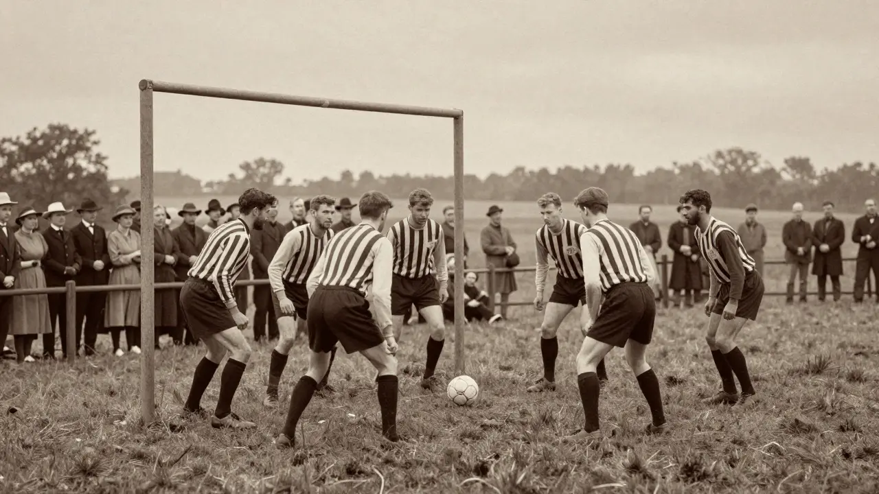 Historická ilustrace prvního penaltového kopu v Irsku z roku 1890