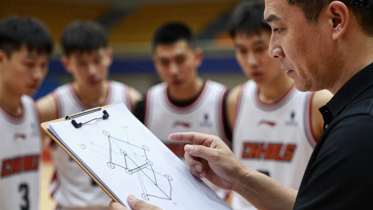 Trenér s taktickou tabulkou při time-outu na basketbalovém zápase