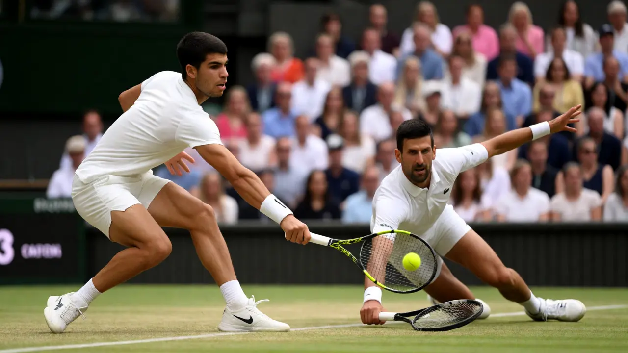 Carlos Alcaraz a Novak Djokovič v napjatém souboji na trávnatém kurte