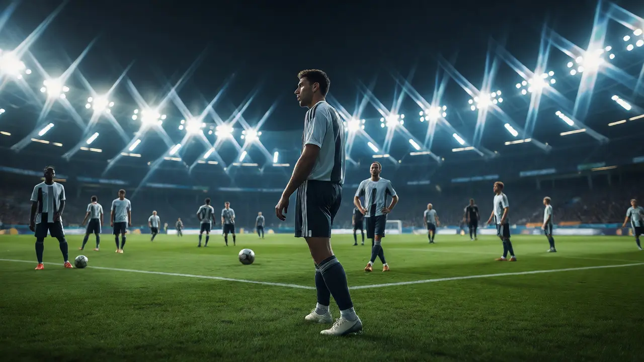 Fotbalista s lhostejným výrazem během zápasu pod reflektory