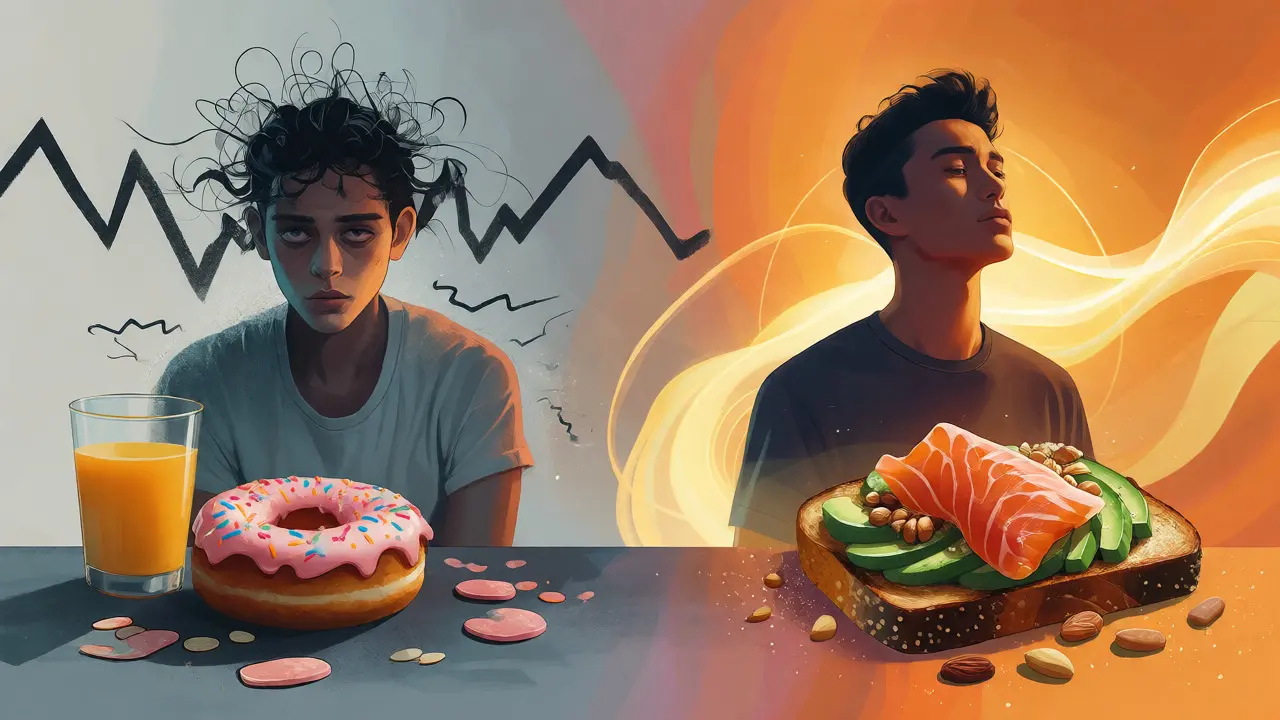 Konceptuální ilustrace kontrastu mezi únavou po cukru a energií ze zdravé stravy.