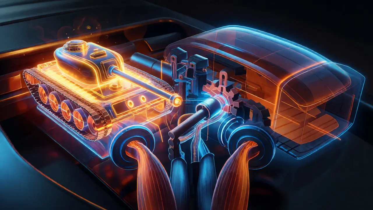 Konceptuální ilustrace lidského těla jako hybridního motoru spalujícího sacharidy