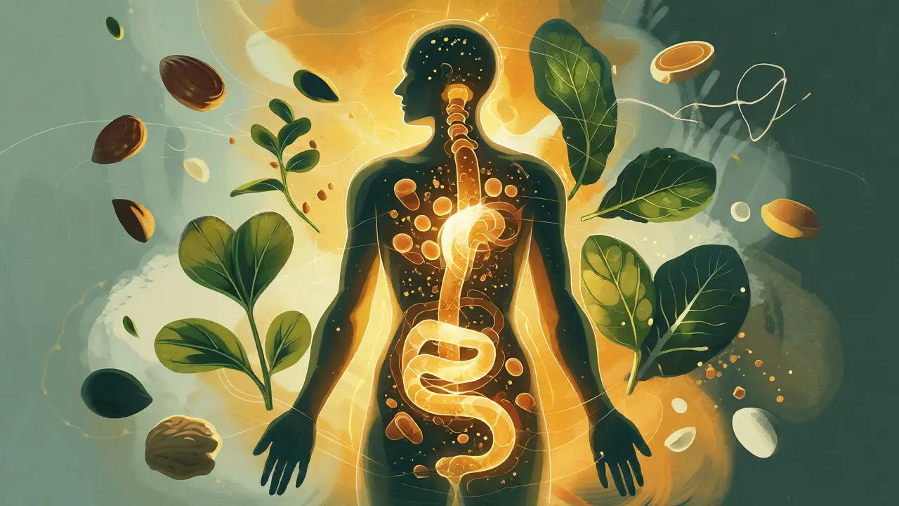 Konceptuální ilustrace trávení a energie ze surových potravin v těle