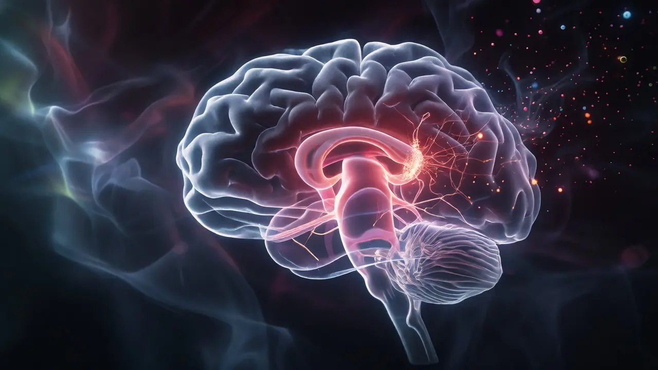 Konceptuální vizualizace mozku s ubývajícími neurotransmitery a zmenšeným hipokampem
