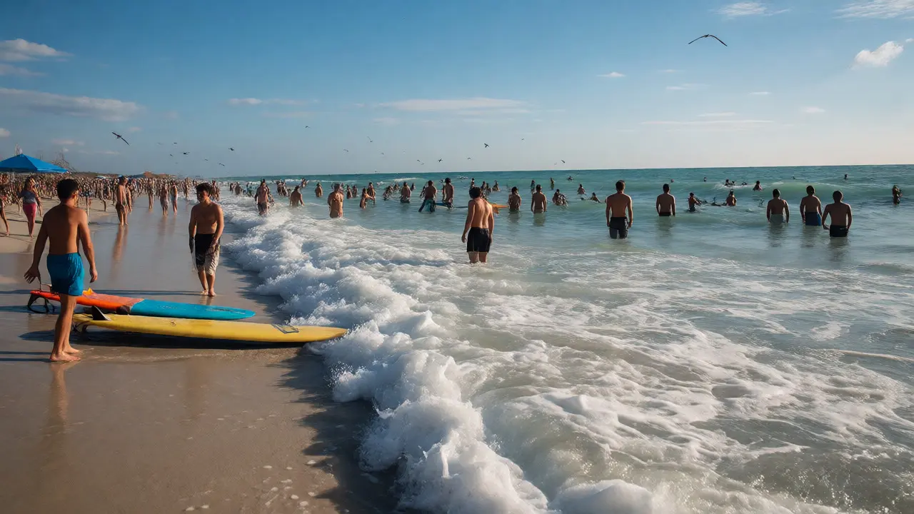 Pláž na Floridě s mnoha plavci a surfaři v teplé oceánské vodě.