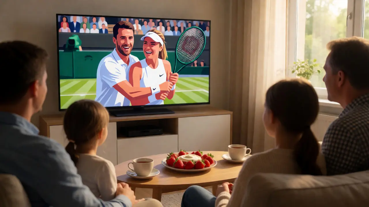 Rodina sleduje finále Wimbledonu na televizi s jahodami a šlehačkou