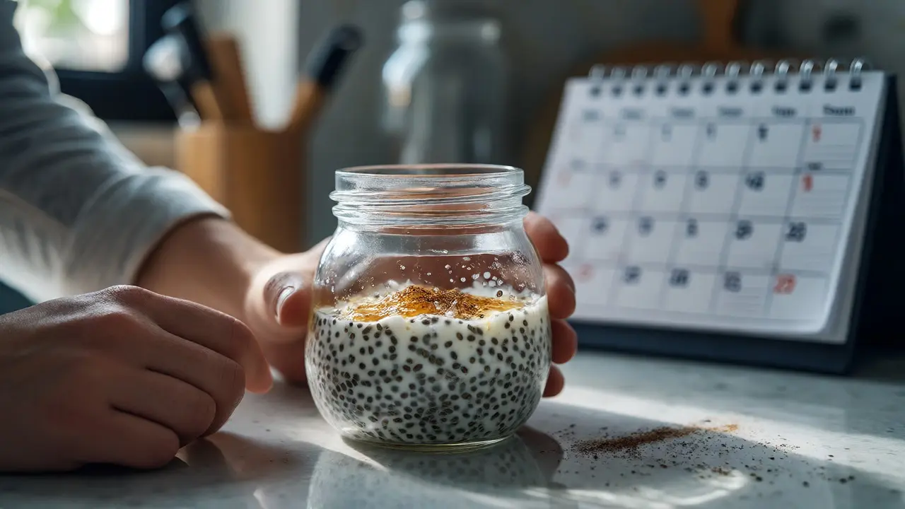 Sklenice řeckého jogurtu s chia semínky na kuchyňské lince