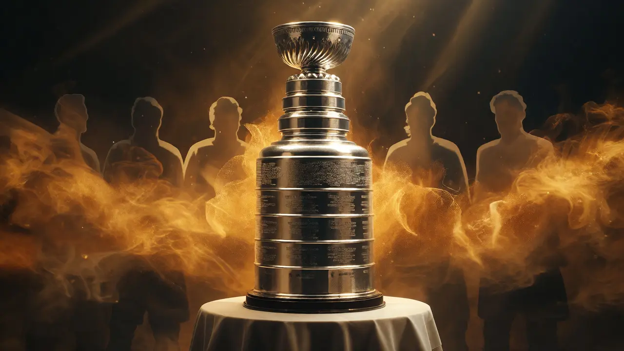 Stanley Cup obklopený zlatým prachem a stíny šampionů