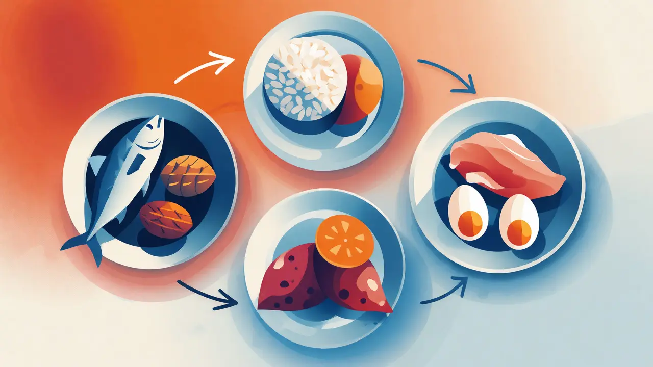 Stylizovaná ilustrace vyváženého rozložení makroživin