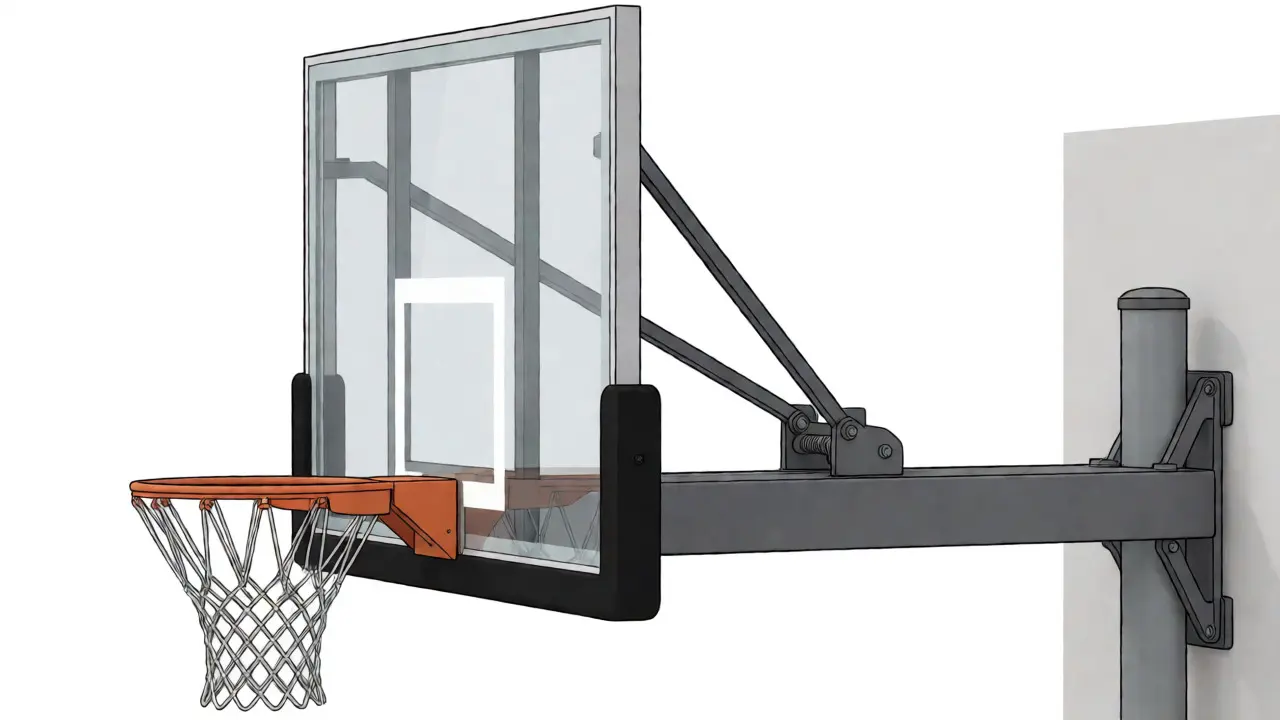 Technické zobrazení konstrukce basketbalového koše s obručí a skleněnou deskou.