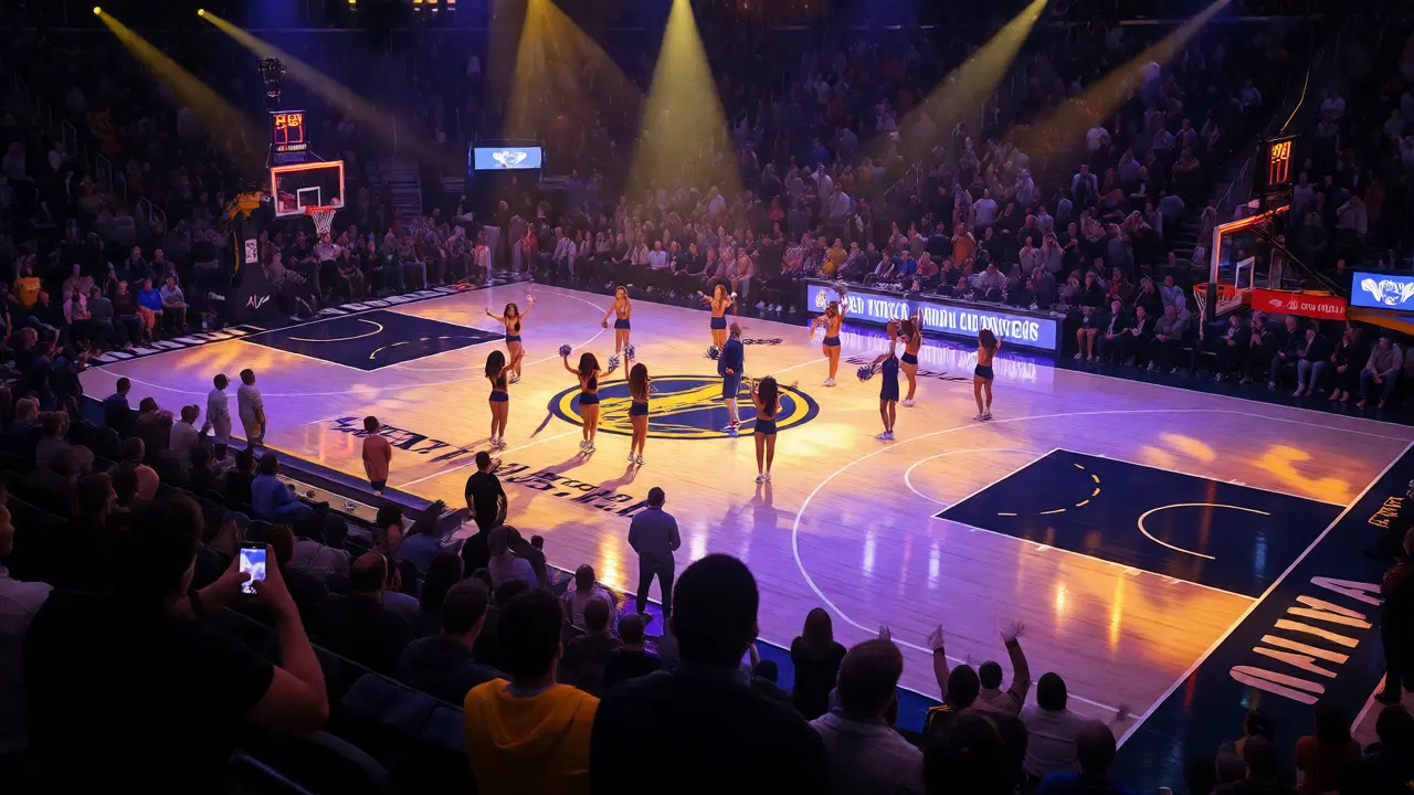 Cheerleaderky vystupují na středovém kruhu během poločasové přestávky