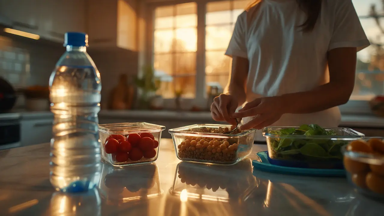 Osoba připravující krabičky s jídlem v kuchyni s lahví vody v popředí