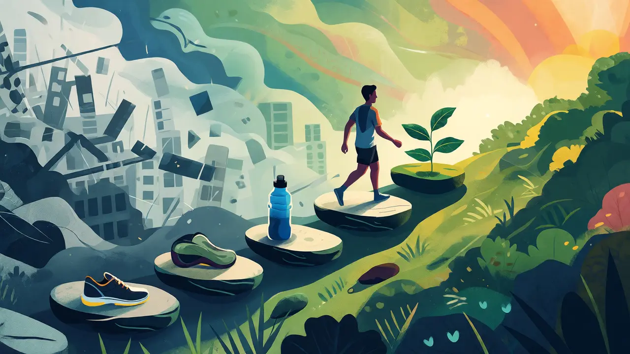 Path of small steps leading from chaos to balanced well-being.