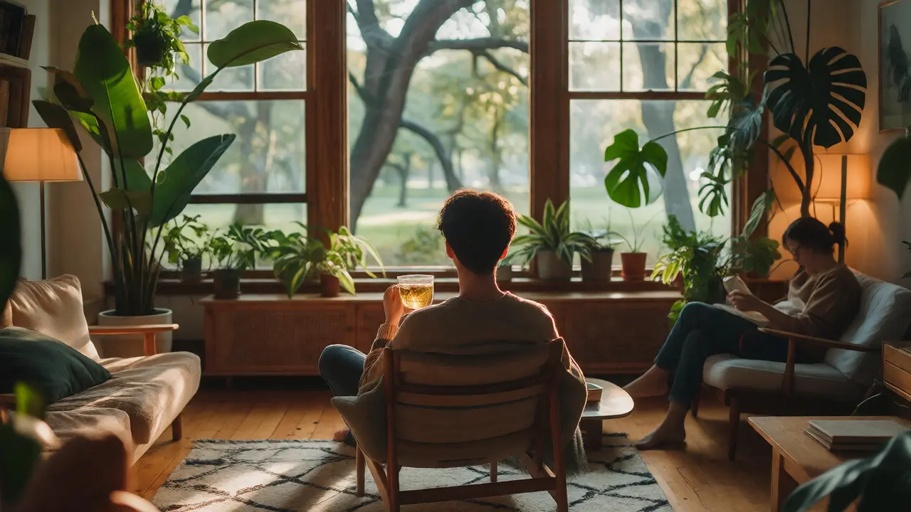 Person enjoying calm morning light and plants in a tidy home.