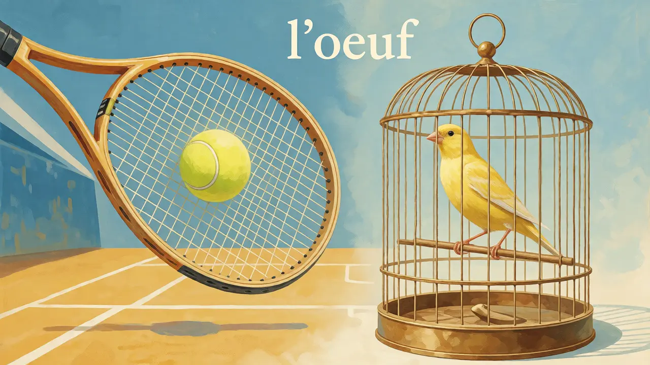 Surrealistická ilustrace propojující tenisovou raketu a kanára v kleci