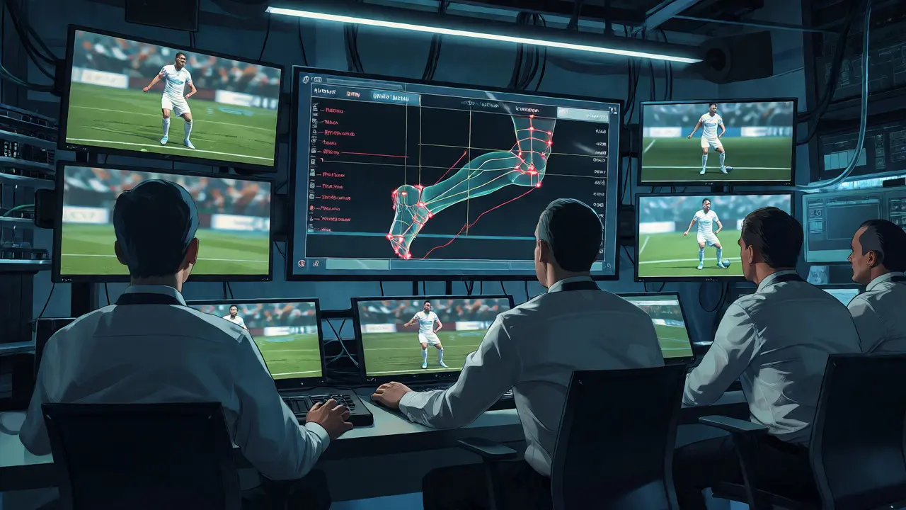 Tým VAR v technické místnosti sleduje ofsajdové grafiky na monitorech