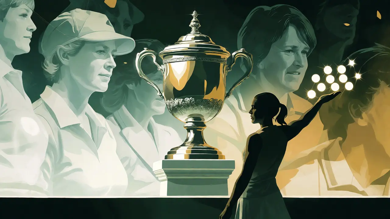 Umělecká ilustrace trofeje obklopená duchy minulých šampiónek a deseti svítícími hvězdami.
